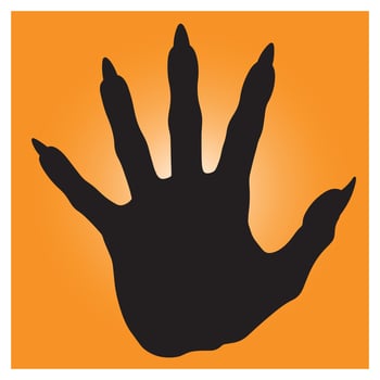 Black silhouette of a reptilian handprint against an orange gradient background square vector