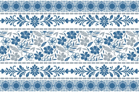 blue floral sketch with hand drawn petals and symmetrical border accents ideal for modern home fabric applications vector