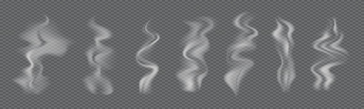 Hot food Steam, cigarette Vapor. Mist wavy cloud set. Smoke from coffee cup. Set of icons isolated. Realistic smoky cloud vector