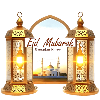 Eid Greeting with Mosque and Lantern Decor png