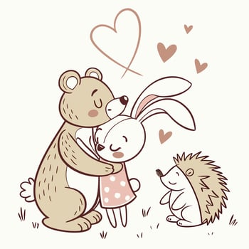 A tender scene unfolds with a cuddly bear embracing a sweet rabbit, both surrounded by floating hearts, all under the watchful eye of a curious hedgehog. vector
