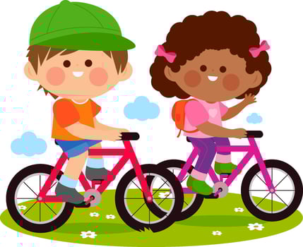 Little boy and girl riding their bicycles at the park. Active children riding on bikes. vector