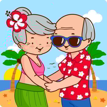 Elderly couple at tropical beach on a summer island vacation. Senior people at the beach near the sea. vector