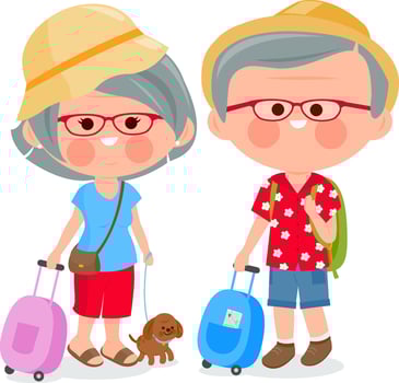 Old couple with their pet dog traveling on summer vacations. Elderly tourist couple with suitcases, old man and woman carry travel bags. vector