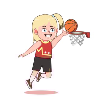 Blonde Little Girl playing basketball Lay up Jump vector