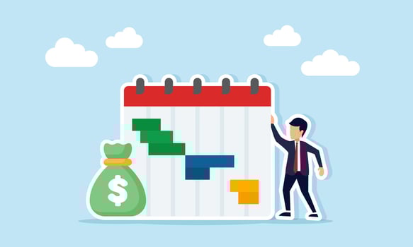 Businessman beside money bag and calendar schedule illustration of planning schedule for business financial investment vector