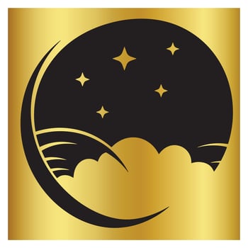 Elegant golden night sky with crescent moon clouds and glowing stars design vector