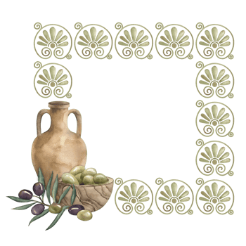 A square frame made of Greek ornaments, decorated with an amphora with oil, a wooden plate filled with green olives, an olive branch. The watercolor illustration is hand-drawn. For packaging, cooking png