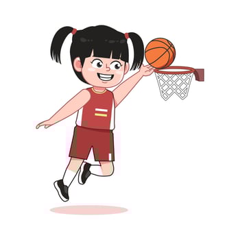 Chinese Cartoon cute little Girl playing basketball Lay Up Jump Point vector