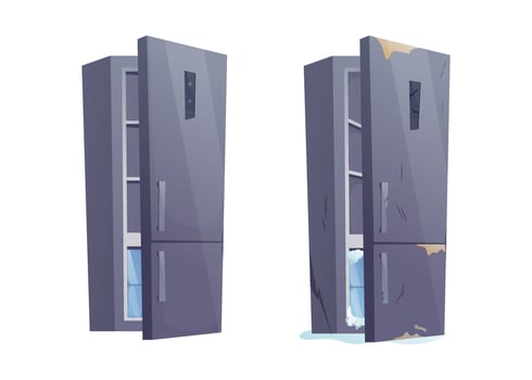 Two isolated cartoon refrigerators isolated on white, new and clean, the other old, dirty, scratched. Concept of contrast, repair, replacement, appliance lifecycle and decay. vector