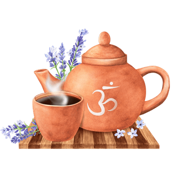 Tea set of terracotta clay teapot, a cup with Sanskrit letters and lavender twigs and blossoms on the wooden tray. Energy balance of crown chakra Sahasrara. Hand-drawn watercolor illustration png