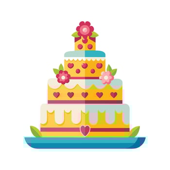 Colorful layered cake decorated with flowers hearts and other ornaments for celebration vector