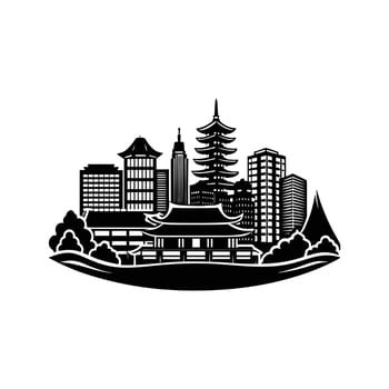 Stylized black and white illustration depicting a cityscape with japanese architecture and buildings vector