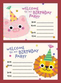 Cute printable birthday card and invitation set for kids with adorable animal theme, perfect for back to school celebrations and fun party planning activities. vector