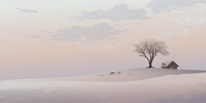 Silhouette deciduous tree and country house on the hill in the middle of dried land with vanilla sky background graphic illustration have blank space. vector