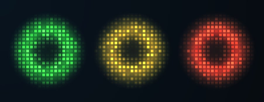 Collection of round glowing bright circles consisting of square mesh elements isolated on dark background. vector