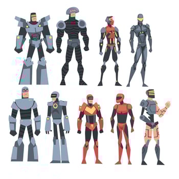 Men in Robot Costumes Set, Cyborgs or Superheroes Characters, Carnival Party or Masquerade Concept Cartoon Style Illustration vector