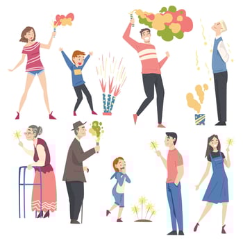 People of Various Ages Launching Fireworks Set, Men, Women and Children Celebrating Holidays and Enjoying Fireworks Show Cartoon Style Illustration vector