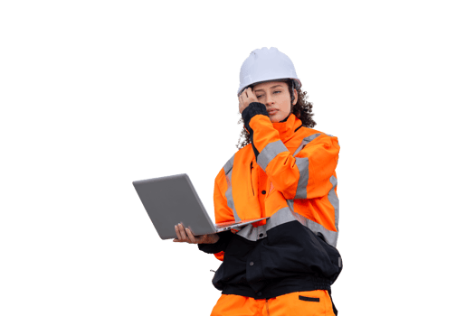 Pensive Engineer with Laptop on Site, Female Construction Worker Analyzing Data Outdoors, Young Professional in Safety Gear Working Remotely png