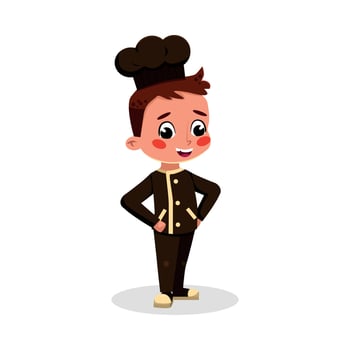 Boy Professional Chef Character, Cute Kid in Black Uniform and Hat Cartoon Style Illustration vector
