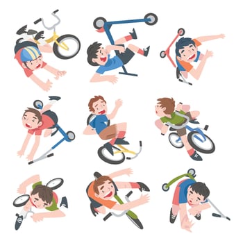 Kids Falling Down from Bikes Set, Traumatic Situations, Health Risk, Pain, Injury Cartoon Style Illustration vector