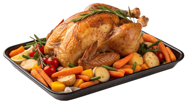 A roasted turkey with vegetables on a tray png