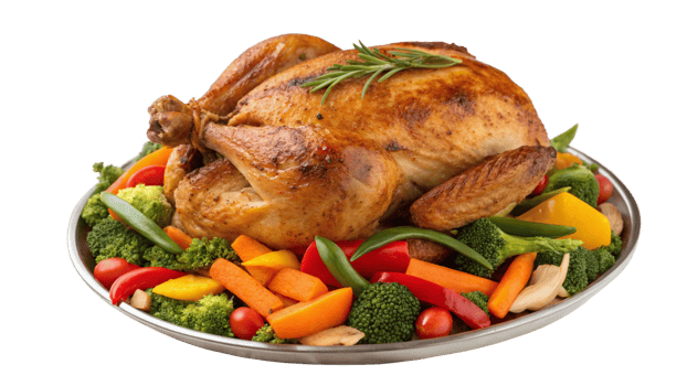 A large roasted turkey on a plate with vegetables png