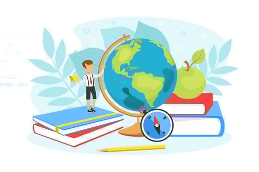 Tiny Boy Girl Studying with Huge School Supplies, School boy Standing on Pile of Books, next to Giant Earth Globe, Children Education Concept Illustration vector