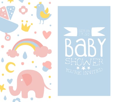 Baby Boy Shower Card, Light Blue Invitation Template with Cute Childish Seamless Pattern Cartoon Illustration vector