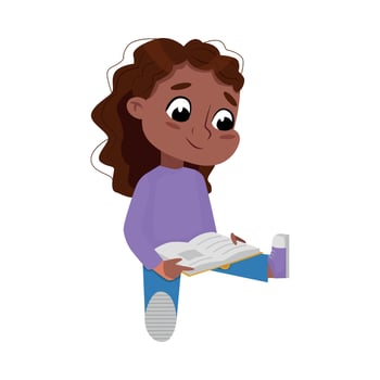 Adorable African American Girl Sitting on Floor and Reading Book, Preschooler Kid or Elementary School Student Enjoying Literature Cartoon Style Illustration vector