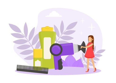 Tiny Woman with Huge Cosmetic Bottles and Hair Dryer, Skin Care and Hygiene Procedures Concept Cartoon Illustration vector