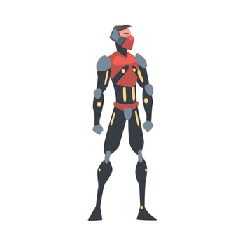 Man in Robot Costume and Mask, Cyborg or Superhero, Carnival Party, Masquerade or Online Game Character Cartoon Style Illustration vector