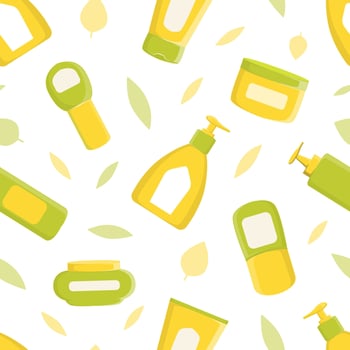 Natural Cosmetics Seamless Pattern, Skincare Beauty Cosmetic Product Bottles, Body Care Cartoon Illustration vector