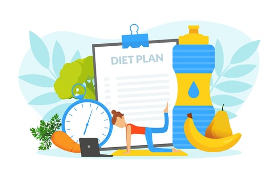Healthy Lifestyle, Tiny Woman Training her Body in Gym and Eating Healthy Food, Weight Loss Concept Illustration vector