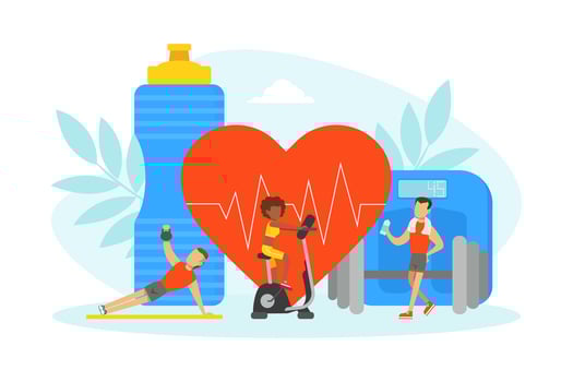 Tiny People Doing Sports Exercises with Equipment, Sports Nutrition Supplements, Fitness Class, Healthy Lifestyle Concept Illustration vector