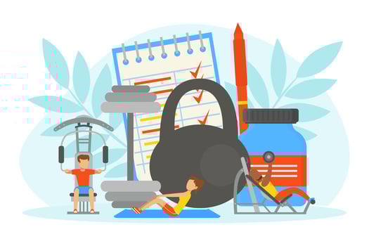 Tiny People Doing Sports Exercises in Gym, Huge Sports Equipment and Nutrition Supplements, Fitness Class, Healthy Lifestyle Concept Illustration vector