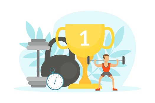 Tiny Man Doing Sports Exercise with Barbell, Huge Sports Equipment and Gold Winner Cup, Fitness Class, Healthy Lifestyle Concept Illustration vector