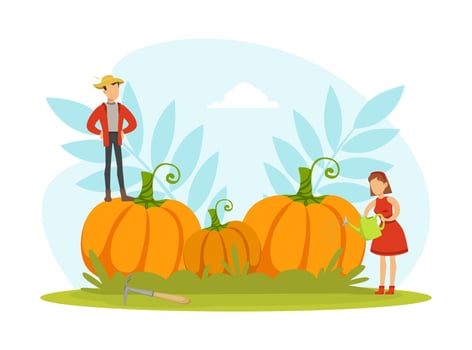 Tiny Gardeners Caring about Pumpkins, Farmers Working Together and Growing Organic Vegetables, Agriculture, Healthy Food Production Illustration vector