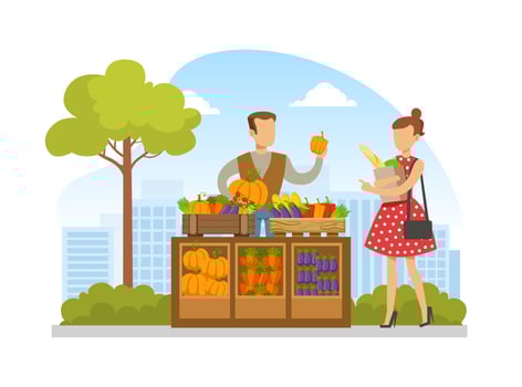 Farmers Organic Market, People Selling Natural Eco Vegetables on his Stall, Agricultural Industry, Healthy Food Production Illustration vector