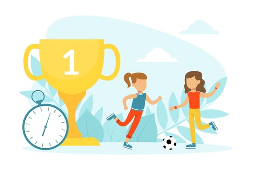 Tiny Girls Soccer Players Characters with Winner Cup and Stopwatch Cartoon Illustration vector