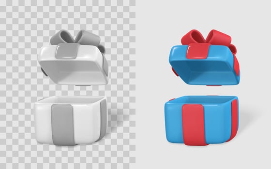 Open Gift Box with Ribbon Bow in 3D Style Minimalist Design, Bright Colors, Realistic Shadows. Illustration vector