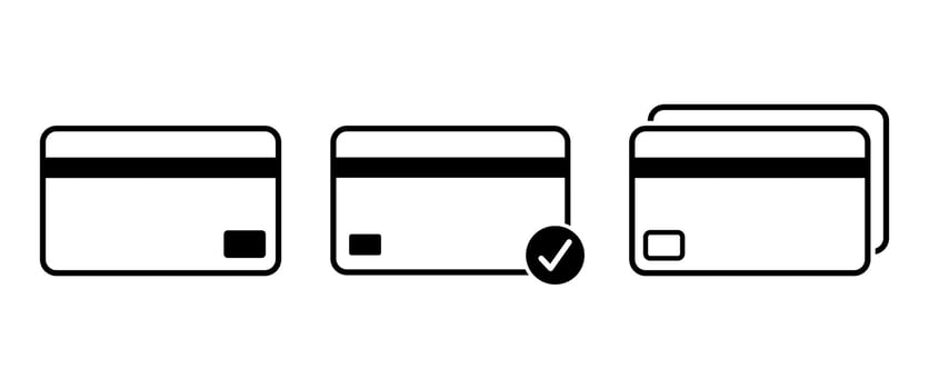 Isolated Outline Debit and Credit card icon set, Black Payment, Purchase and Tranfer Symbol in Modern minimal style, Business, atm, Banner and Web graphic elements, Bank illustration, Editable. vector