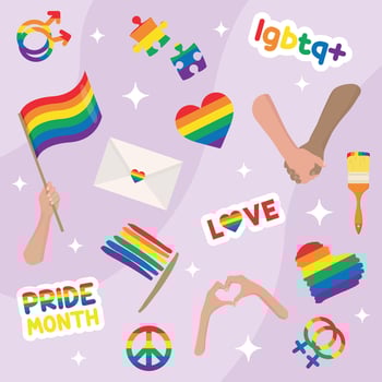 Cute rainbow colors LGBTQ symbols Pride flag Hands holding Peace Love vector