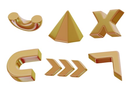 3D realistic render gold figures. Yellow metallic design objects. decorative geometric shapes. Pyramid, Arrows, Cross, Half of torus. Isolated on a white background vector