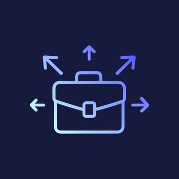 Business briefcase surrounded by expanding arrows. Icon symbol illustration vector