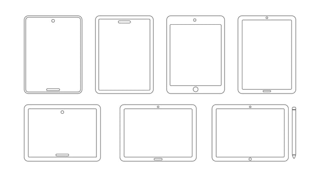 Outline Tablets design for Coloring book, Tablet icon symbol, Isolated Electronic Device illustration, Communication, Education graphic elements, Editable vector