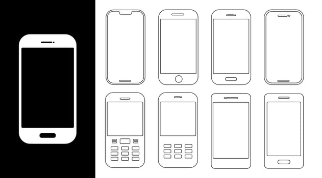 Outline phone design set, Isolated smart phone pictogram for coloring book, Information, Communication graphic elements, Editable stock vector