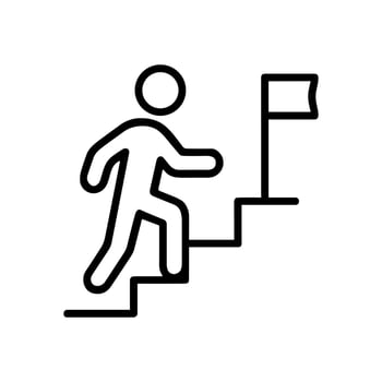 Person scaling staircase towards goal. Icon symbol illustration vector