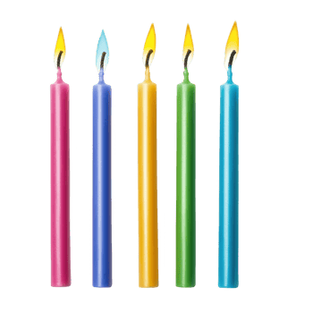 Five Colorful Birthday Candles with Flames on Transparent Background png