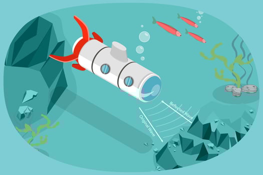 3D Isometric Flat Conceptual Illustration of Sonar And Submarine Navigation, Sound Navigation vector